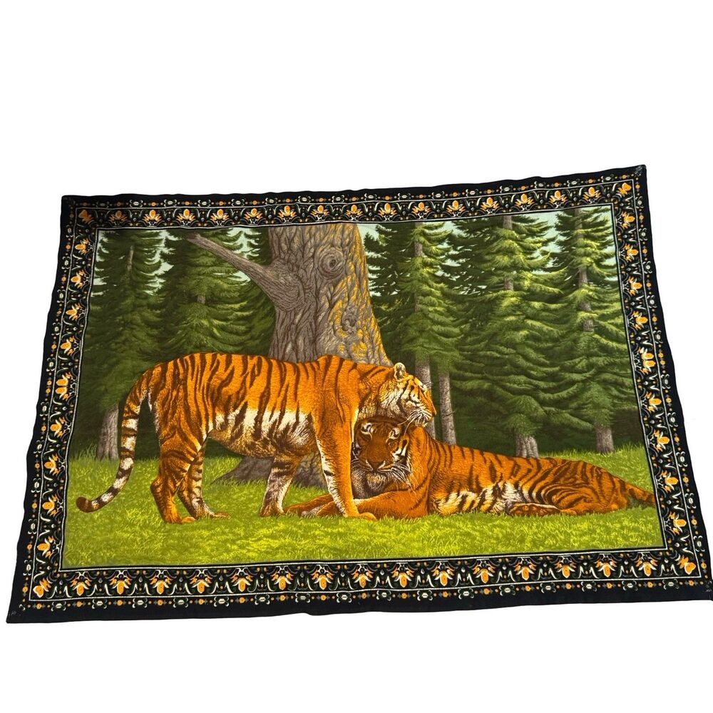 Vintage MCM ATC Tiger Family Wall Tapestry 100% Cotton 53x36.5" 70s Made